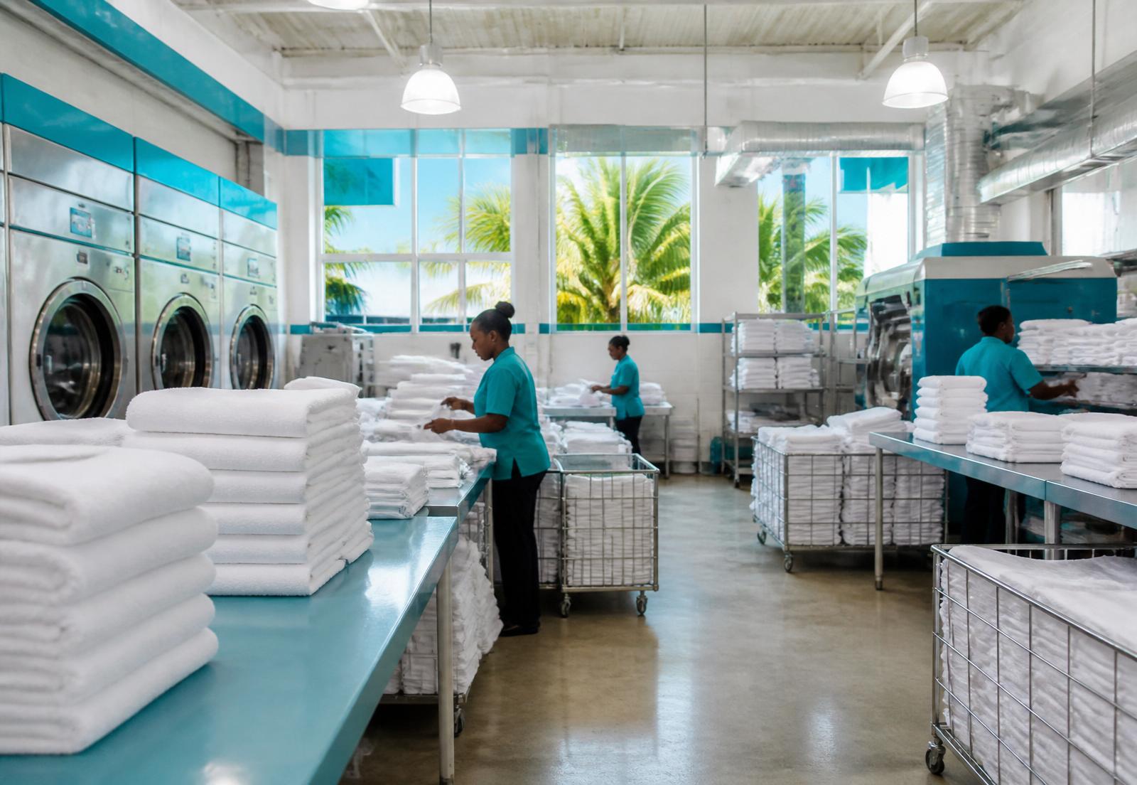Lavandería industrial con toallas y blancos de hotel en Playa del Carmen